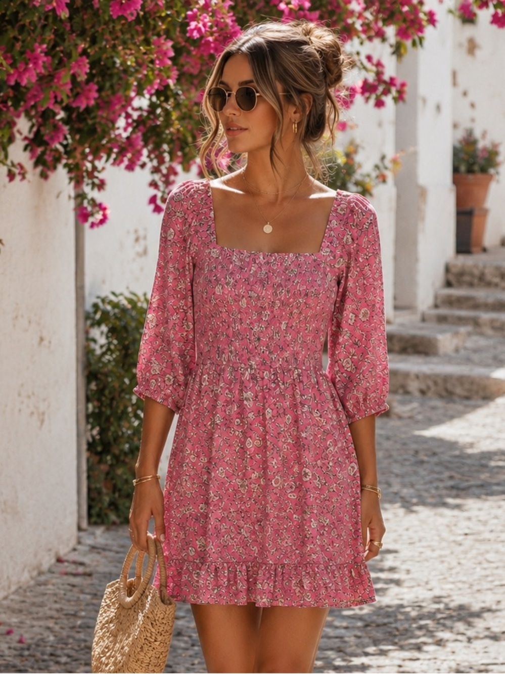 59A. Jessica Simpson Pink Floral Square-Neck Smocked Dress